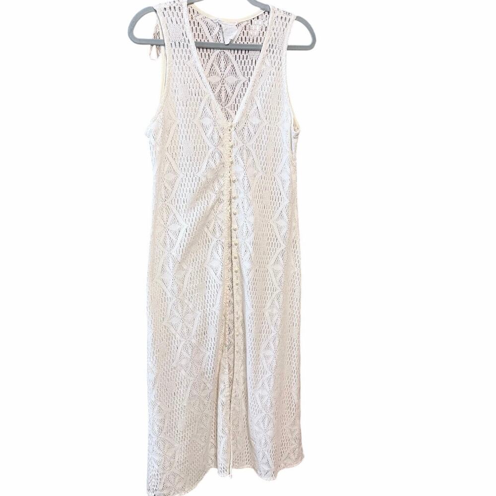 Vintage Rebecca cream lace long duster cotton blend pearl buttons large USA made